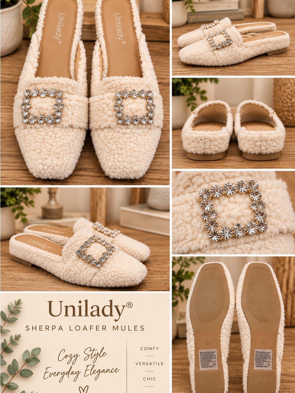 Unilady Cream Sherpa Loafer Mules with Jeweled Buckle Size 7